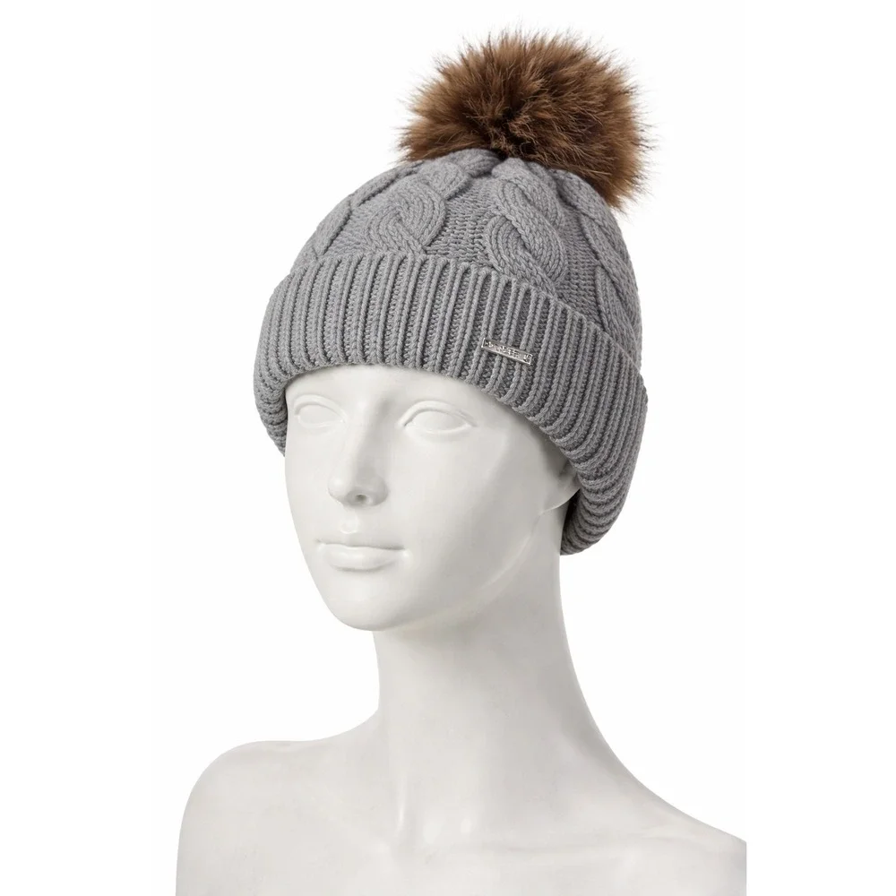 Spyder Womens Cable Knit Beanie Faux Fur Lined Pom Pom Hat Pewter Grey OLSP982W